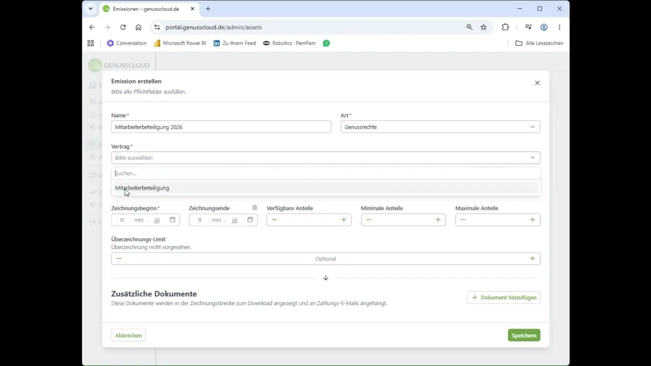 Vorschau: Mitarbeiterbeteiligung mit Zeichnungsstrecke anlegen im genusscloud-Portal