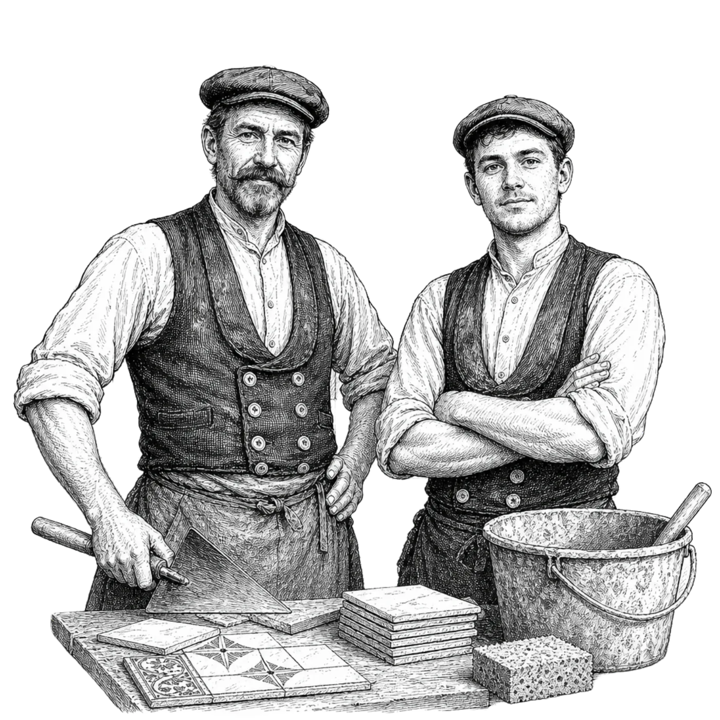 Federzeichnung: Meister Gruber und sein Geselle Max in der Werkstatt